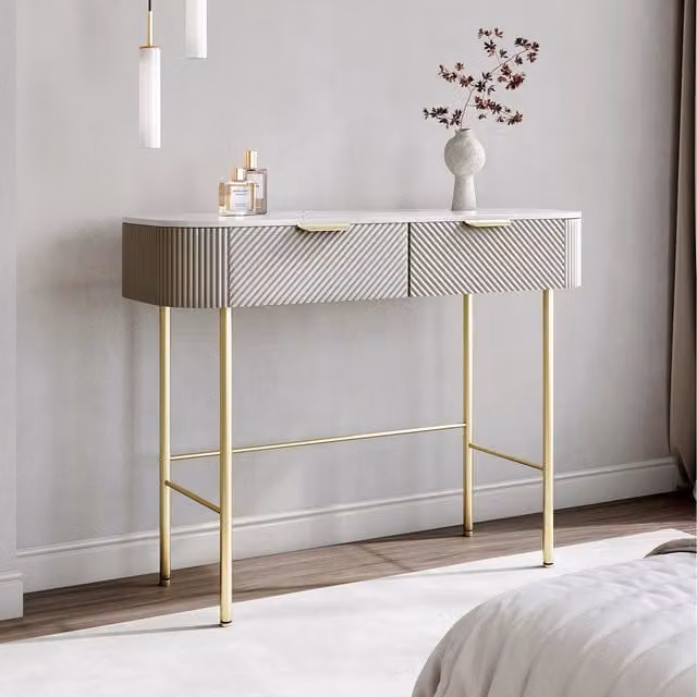 CARME Modern Striped Dressing Table in Brown, Gold and Beige