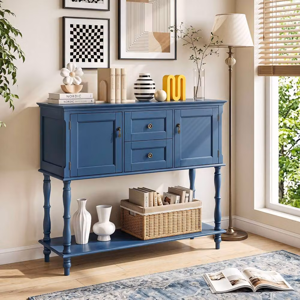 Gymax Blue Pine Wood Console Table with 2 Drawers – 4