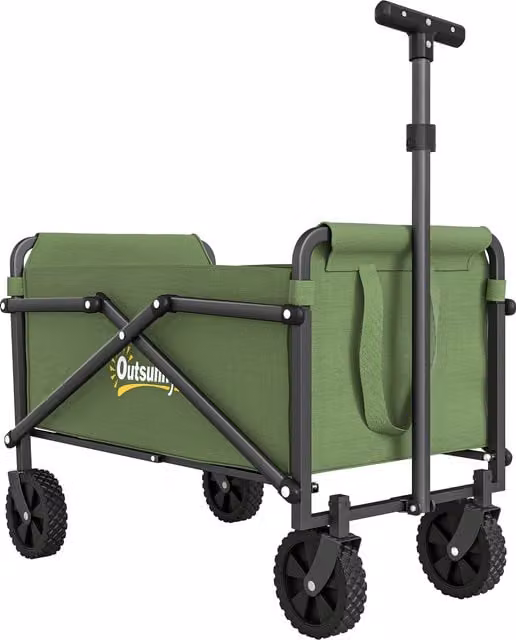 Outsunny 41L Festival Trolley on Wheels, Green Heavy Duty Collapsible Folding Wagon with Adjustable Handle and Carrying Bag