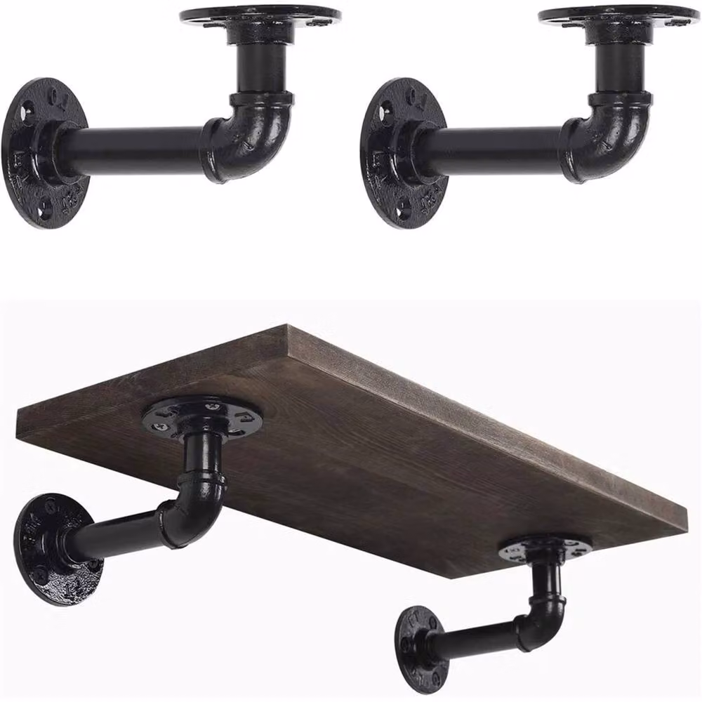VOGREX 8-Piece Rustic Industrial Floating Shelf Pipe Storage Kit in Matt Black Metal – 4