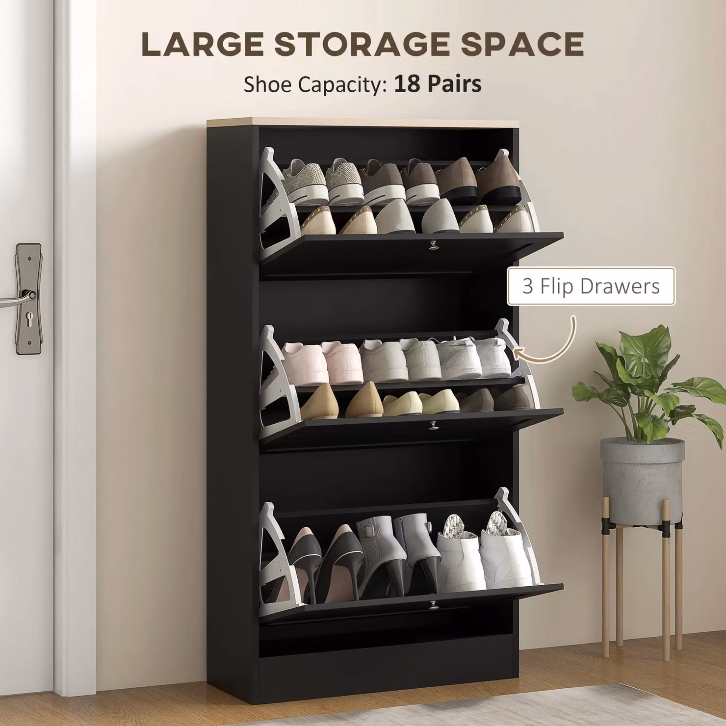 HOMCOM Modern Narrow Black Shoe Cabinet with 3 Tilting Compartments and Internal Shelves – 4