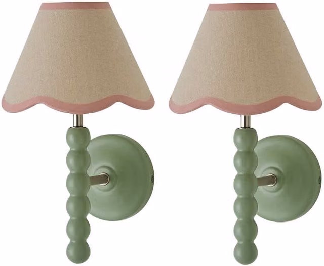 Bobbins Sage Wall Light with Trim Scallop Shade in Rose Pink