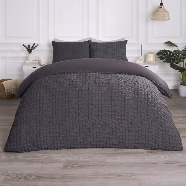 OHS Geo Seersucker Duvet Set in Grey/Anthracite, 180 x 200 cm