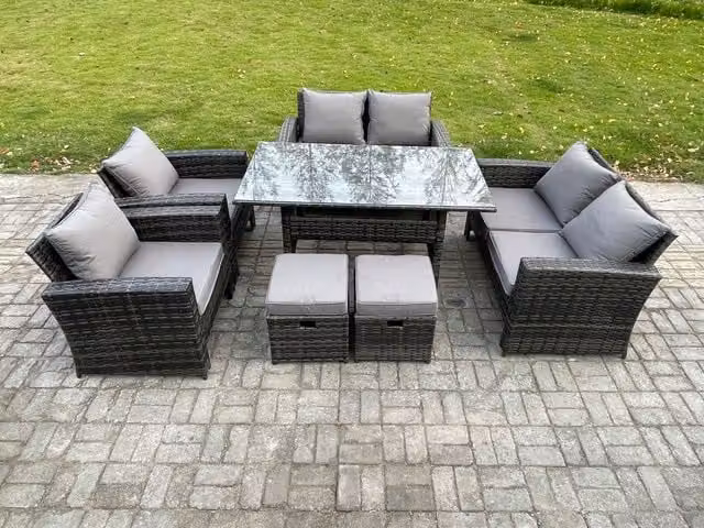 Fimous Rattan Garden Furniture Set with Oblong Dining Table, Double Seat Sofa and 2 Small Footstools in Dark Grey