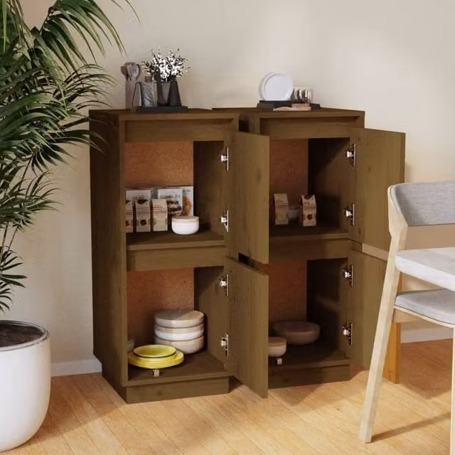 Berkfield Home Set of 2 Solid Wood Pine Sideboards in Honey Brown, W/D/H: 31.5 x 34 x 75 cm