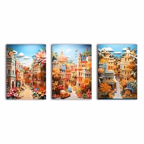 Simpa 3 Panel Multicolour Nature and Flower Canvas Wall Art, Rectangular Framed and Stretched Artwork, W/H: 180 x 60 cm – 1