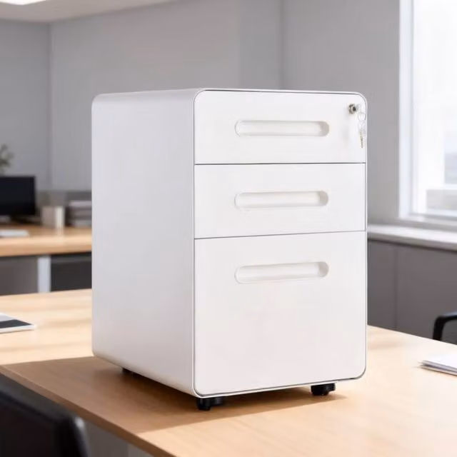ERGOVEXA Lockable Metal File Cabinet with 3 Drawers and Castors, White
