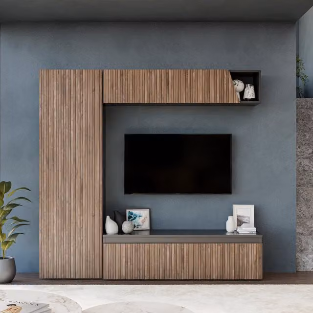 Decorotika Trieste Wall Mounted Modern Entertainment Center in Black with Geometric Alina Pattern