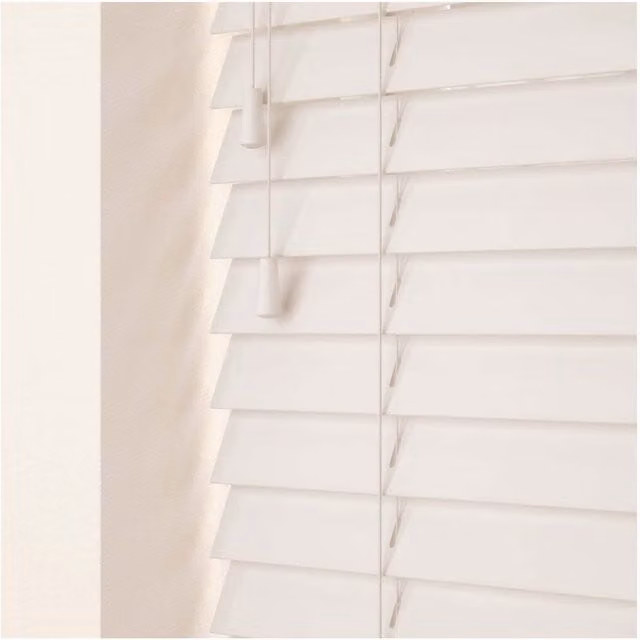 NewEdgeBlinds 50mm Real Wood Venetian Blind with Strings, White, W: 45 cm, H: 120 cm
