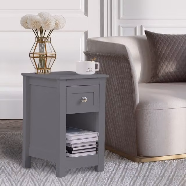 Livingandhome Slim Nightstand Side Table with Shelf and Slide Drawer, Grey
