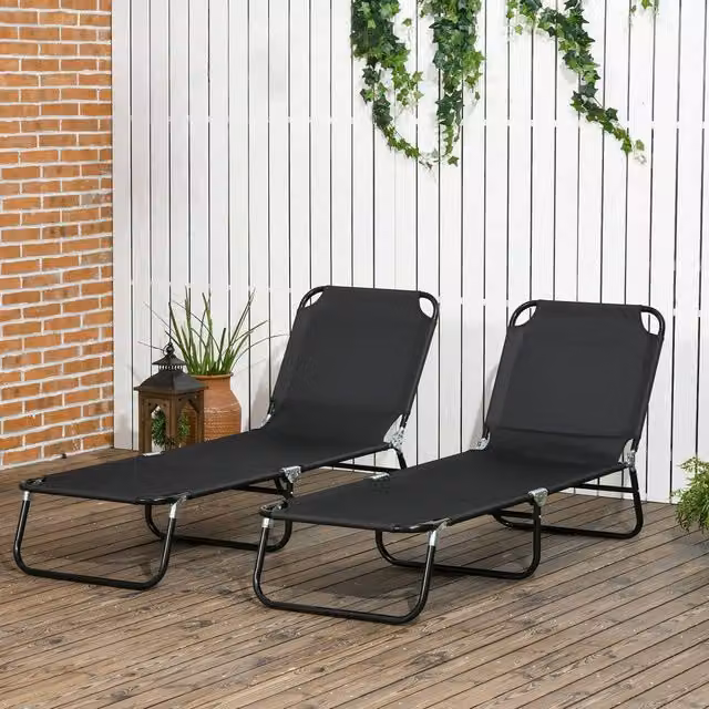 OUTSUNNY Set of 2 Folding Sun Loungers in Black with Adjustable Headrest and Textilene Fabric