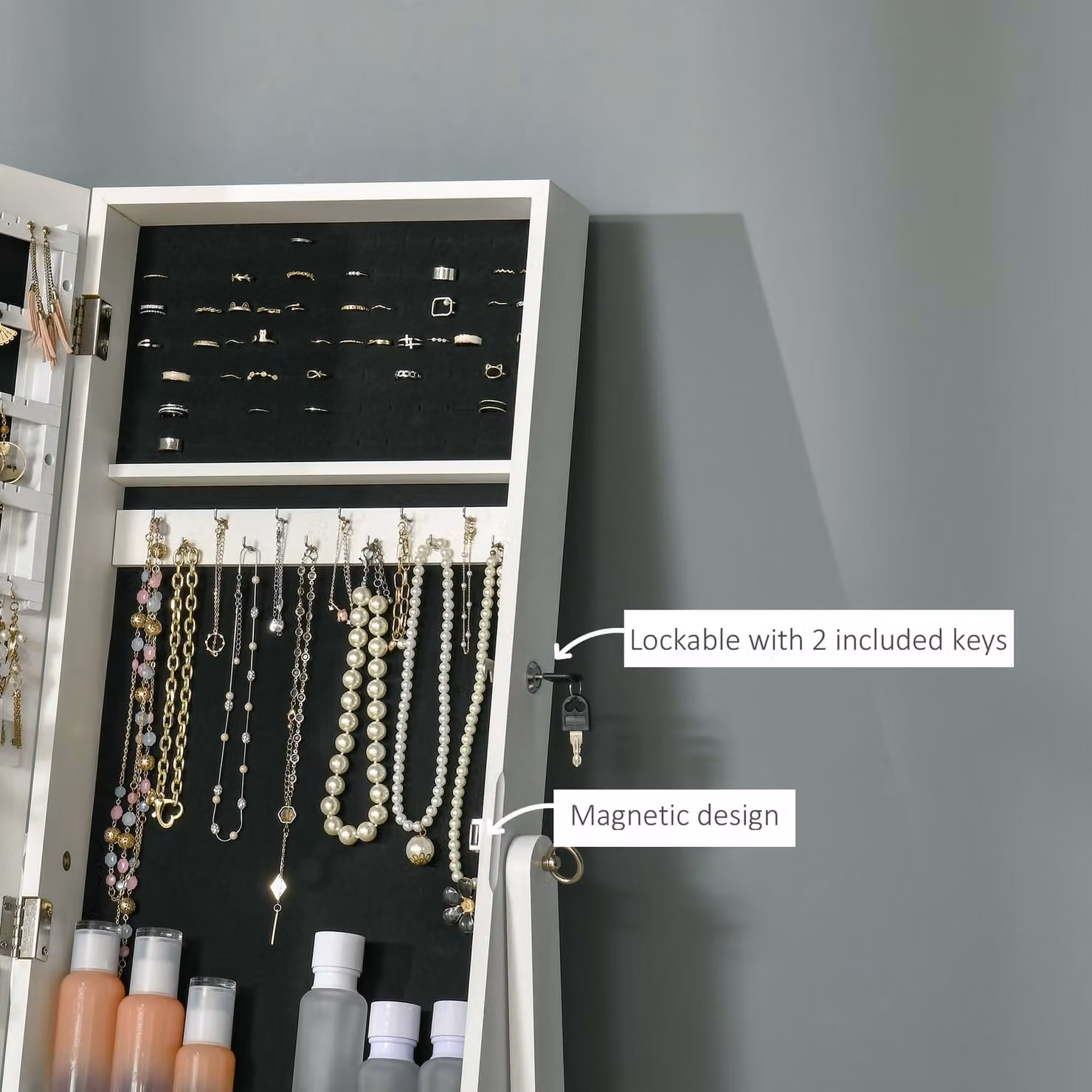 HOMCOM Lockable Jewellery Cabinet with Full-Length Mirror and Internal Shelves, White Armoire Organiser for Bedroom and Dressing Room – 4