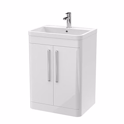 nuie Parade Modern 2 Door Bathroom Floor Standing Vanity Basin Cabinet with Polymarble Basin, Gloss White, W/D/H: 59.6 x 44.5 x 80 cm