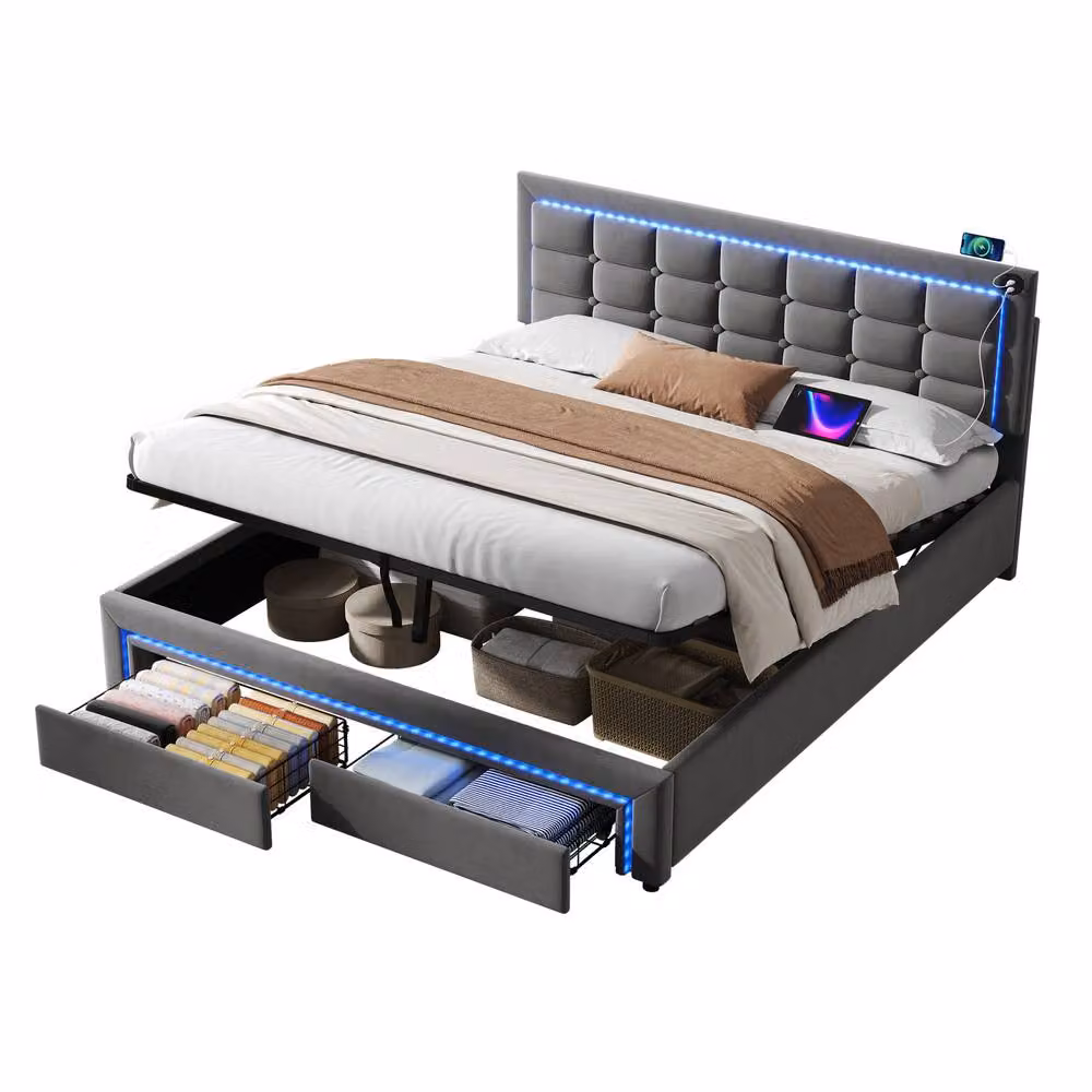 Rolipo King Size Grey Velvet Upholstered Ottoman Bed with Drawers, LED Lighting and USB Charging Port, W/D/H: 180 x 200 cm – 8