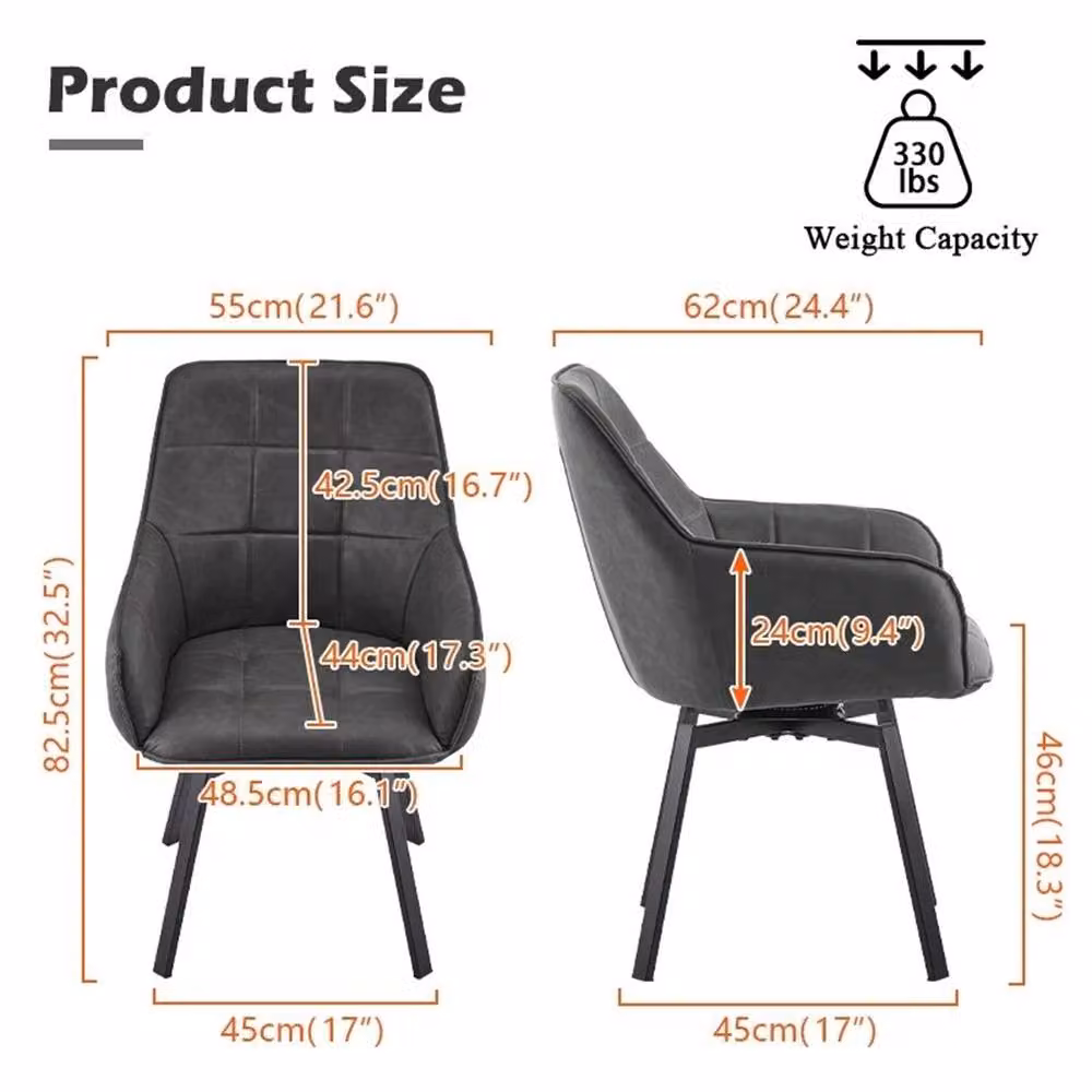 Kelvenix Grey Faux Leather Swivel Dining Chairs with Armrests and Metal Base – 2