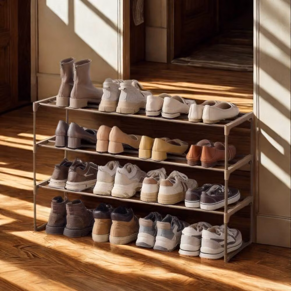 Pirlo Plush 3 Tier Metal Shoe Rack with Open Shelves in Walnut Brown – 2