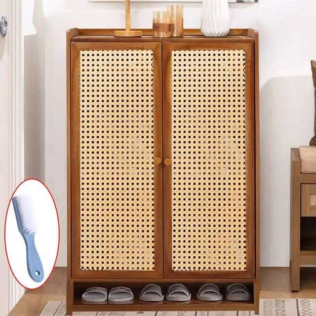 SPETLEK Brown Shoe Cabinet Storage Cupboard with Hinged Doors and Internal Shelves, W/D/H: 94 x 32 x 32 cm – 1