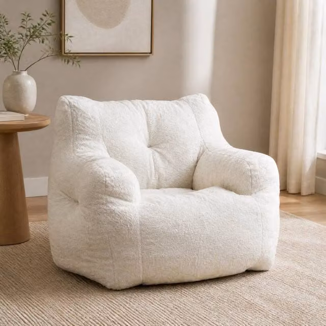STILVORA White Teddy Fabric Bean Bag Chair with Shredded Memory Foam