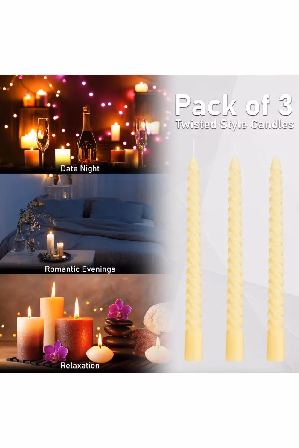 Deco Express Twisted Non Drip Spiral Dinner Candles, Pack of 3, Ivory/Beige/White – 4