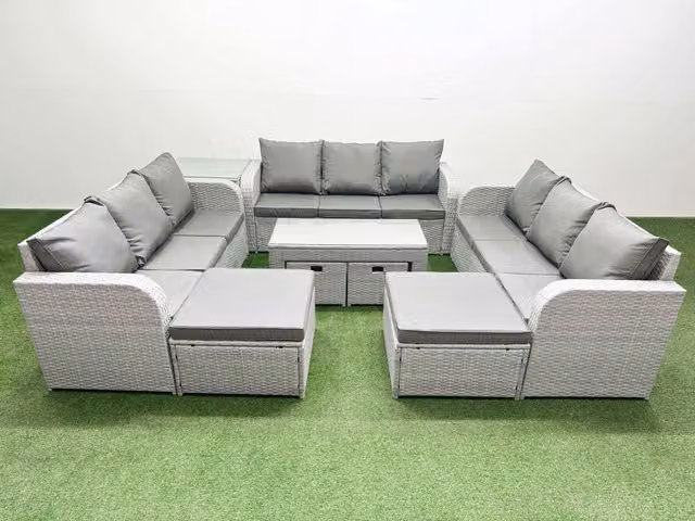 Fimous PE Rattan 3 Seater Garden Sofa Set with Coffee Table and Ottoman in Grey
