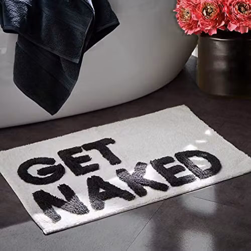Mooky Mats Get Naked Non-Slip Tufted Slogan Bath Mat, White and Black, W: 80 cm, D: 50 cm