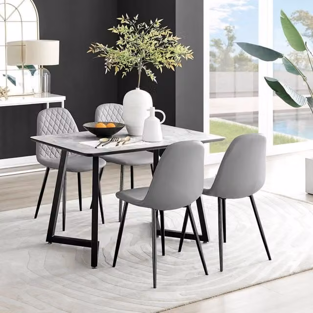FurnitureboxUK Carson White Marble Effect Dining Table and 4 Corona Faux Leather Chairs in Grey and Black – 1