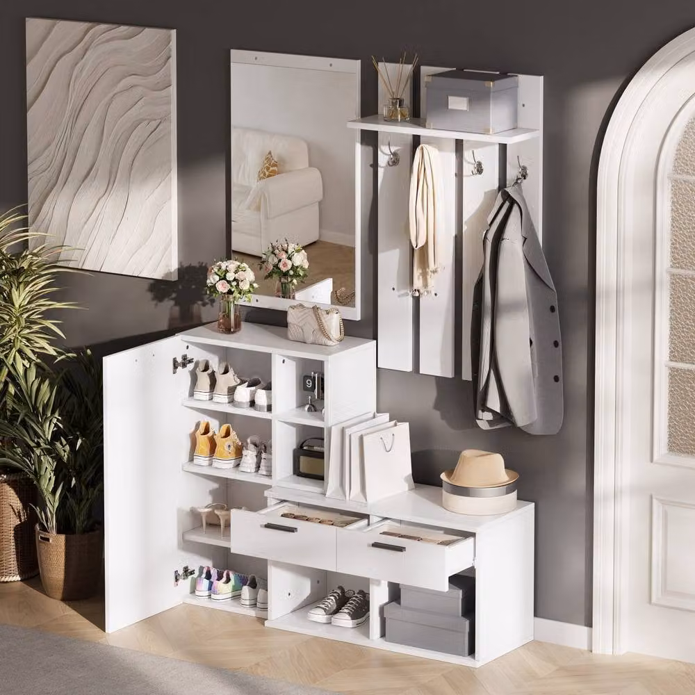Merax Modern White Hallway Furniture Set with Mirror and Shoe Cabinet, H 175.5 x W 120 x D 35 cm – 6