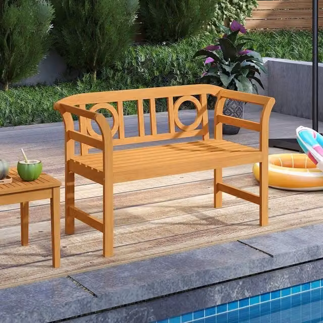 Costway Acacia Wood 2-Person Outdoor Bench Patio Loveseat with Backrest and Armrests in Natural Brown – 1