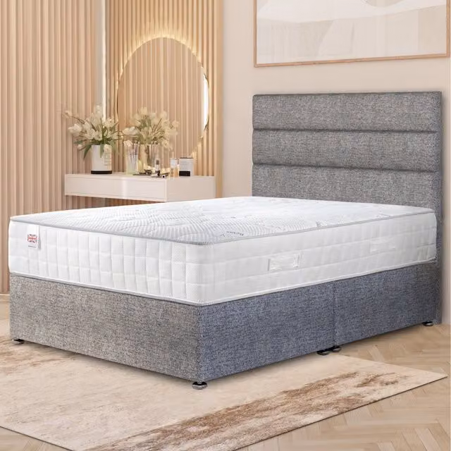 Horizona Grey Tweed Divan Bed Set with Hybrid Pocket Spring Mattress and Floor Standing Headboard, W/D/H: 162.56 x 200 x 34.5 cm