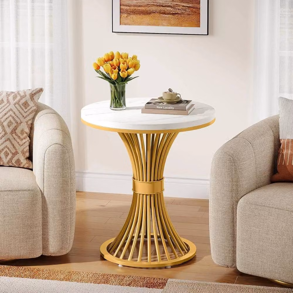 VOGREX Modern Round Faux Marble Side Table with Gold Metal Base in White, W/D/H: 50 x 50 x 60 cm – 3