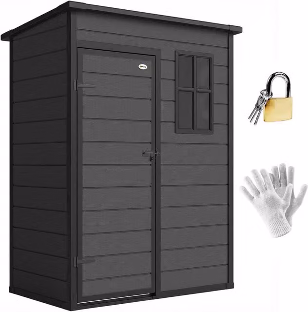 Outsunny Grey Plastic Pent Garden Shed with Floor, Window and Lockable Door, W/D/H: 152.4 x 91.44 x 144.78 cm