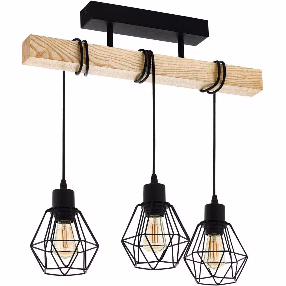 Loops Modern Triple Pendant Light in Black and Brown with Wood and Metal Details, Diameter: 55 cm – 3