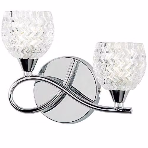 Loops Modern Dimmable Twin Wall Light in Chrome with Transparent Glass Patterned Shades
