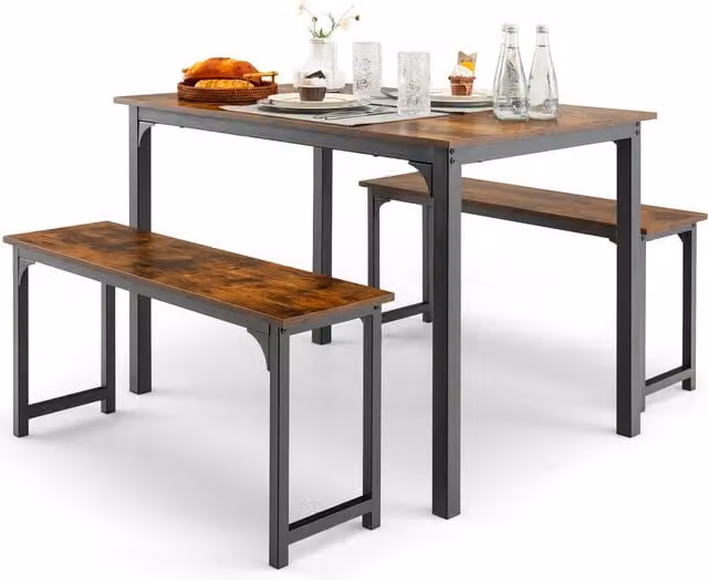 Costway 3-Piece Industrial Dining Set with Rectangular Table and Benches in Brown