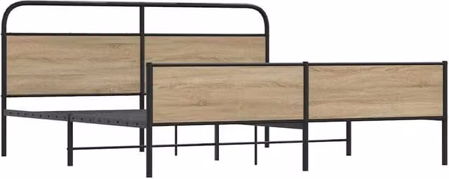 Berkfield Home Metal and Wood Bed Frame in Smoked Oak Brown, W/D/H: 150 x 200 cm