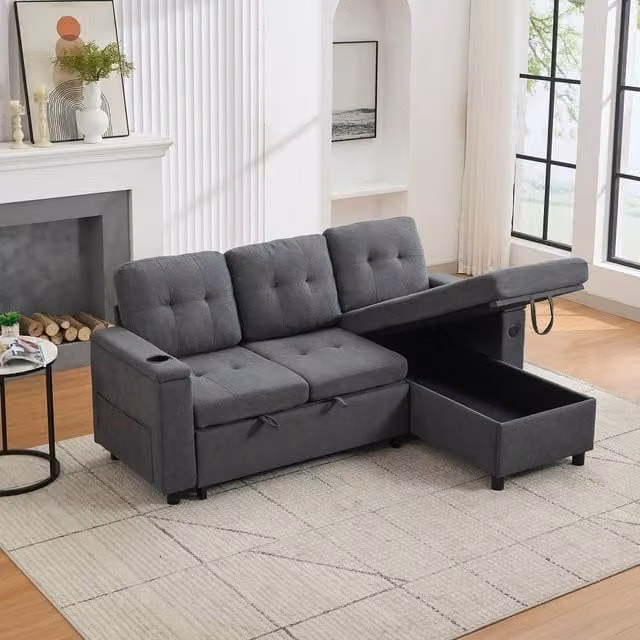 Tokpiedi 3-Seater L-Shaped Corner Sofa Bed with LED Lighting and Storage in Dark Grey Fabric – 1