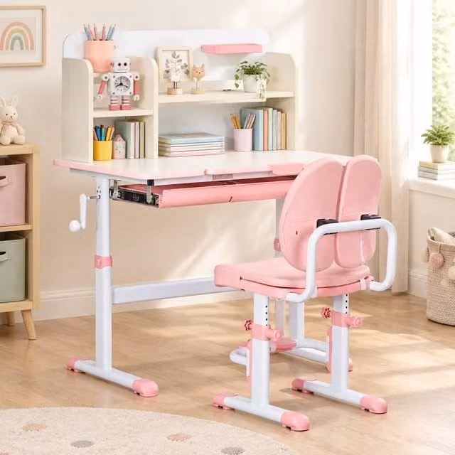 STILVORA Kids Desk and Chair Set with Adjustable Tilting Top and Storage in Pink