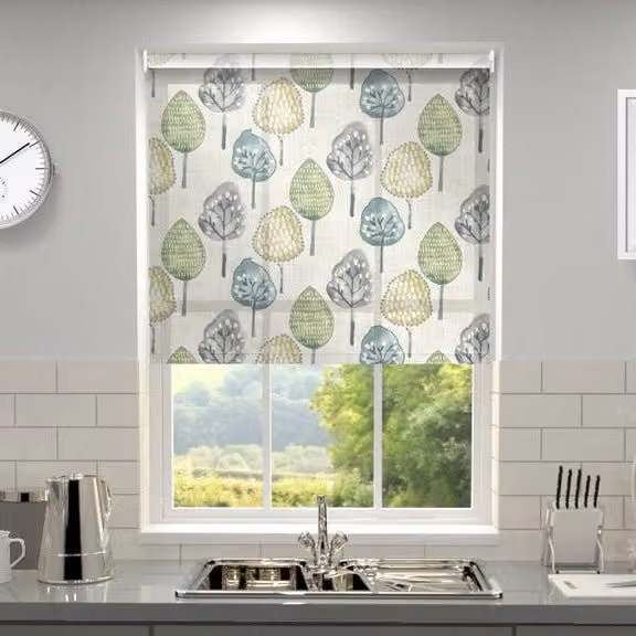Terrys Made to Measure Floral Roller Blind in Nature Green and Grey Multicolour Polyester Semi-Transparent Fabric