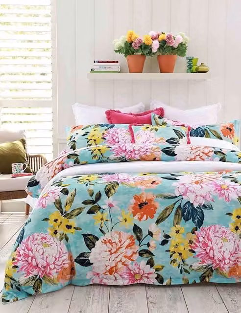 MM Linen Ravello Pure Cotton Floral Bedding Set, Light Blue Multicolour, 200 x 200 cm