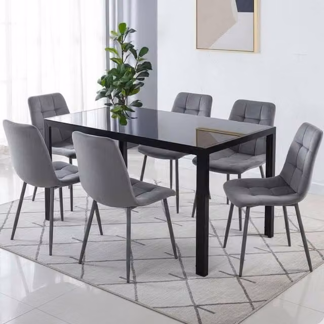 Kosy Koala Modern Black Glass Rectangular Dining Table Set with 6 Grey Velvet Chairs