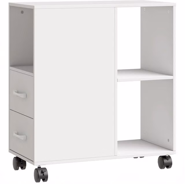 HOMCOM Narrow Mobile Printer Table with Wheels and Drawers, White, W/D/H: 30 x 60 x 65 cm