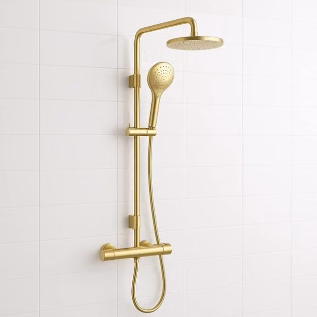 Bathroom Kingdom Avon Brushed Brass Round Thermostatic Bar Shower Set in Gold