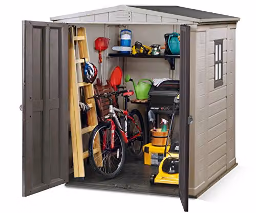 Keter Factor Outdoor Apex Double Door Garden Storage Shed in Beige Brown Wood Effect – 2