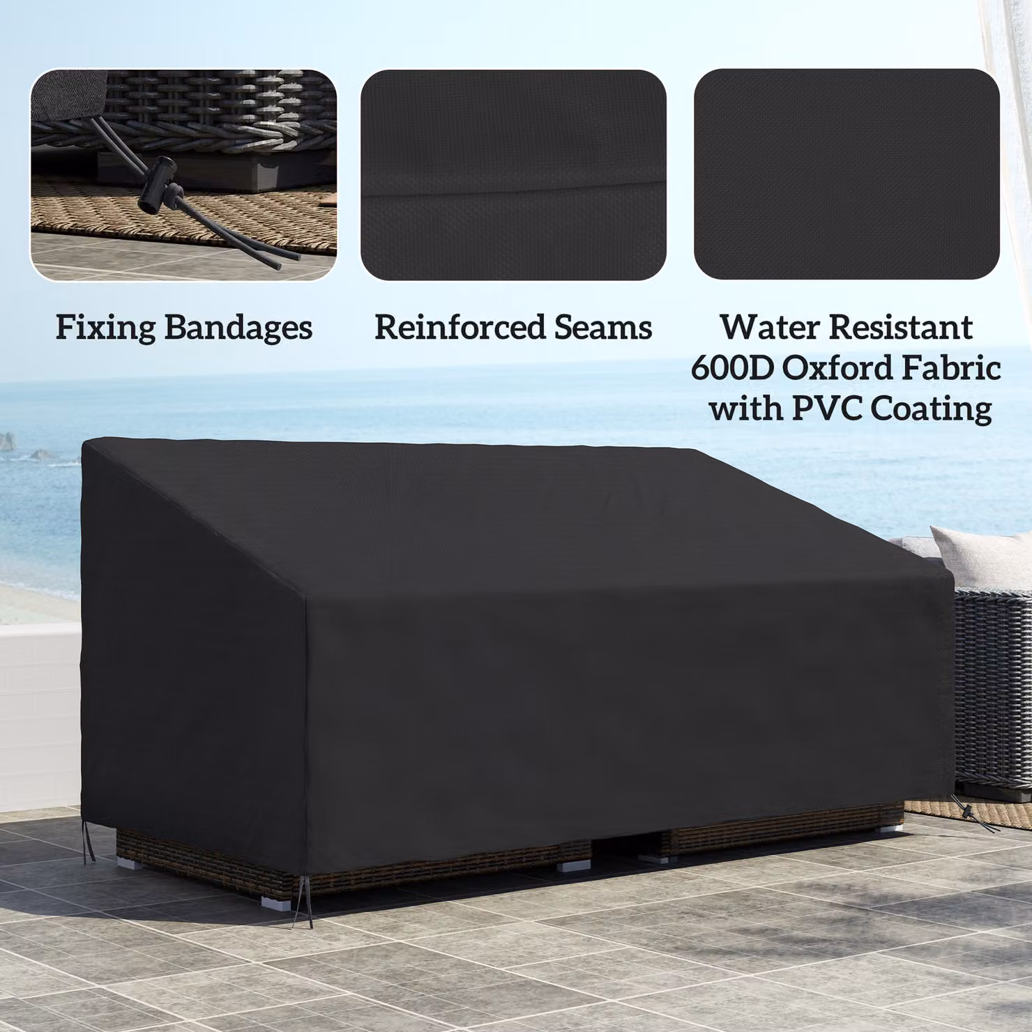 Outsunny Waterproof 3 Seater Sofa Protector in Black, W: 218 cm, D: 111 cm, H: 63-101 cm – 4