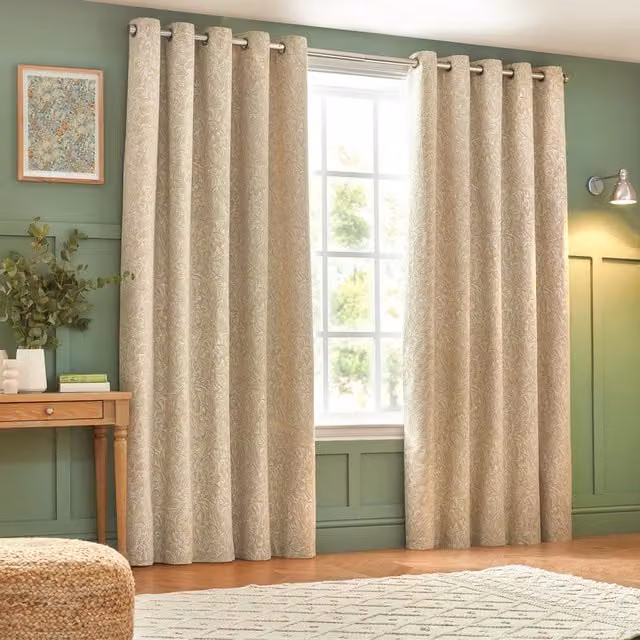 Grantley Set of 2 Floral Jacquard Eyelet Curtains in Beige and Yellow, W: 137 cm, H: 168 cm