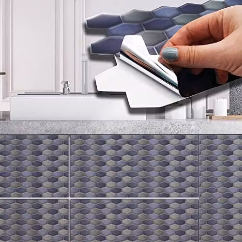 WALPLUS Self Adhesive Geometric Honeycomb Hexagon Wall Tile Stickers in Dark Blue and Grey, 12 Pieces, W: 28.5 cm, H: 14 cm – 1