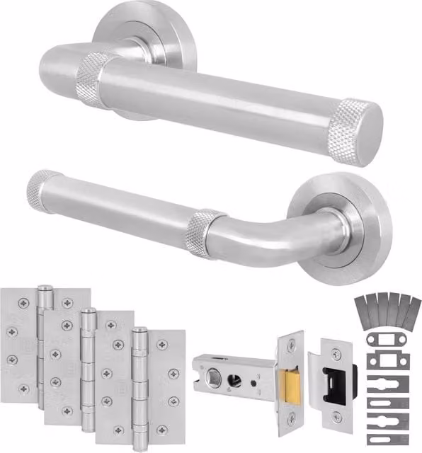 AFIT Satin Nickel Fire Door Handle Latch Set with Hinges in Silver, W/D/H: 15 x 15 cm