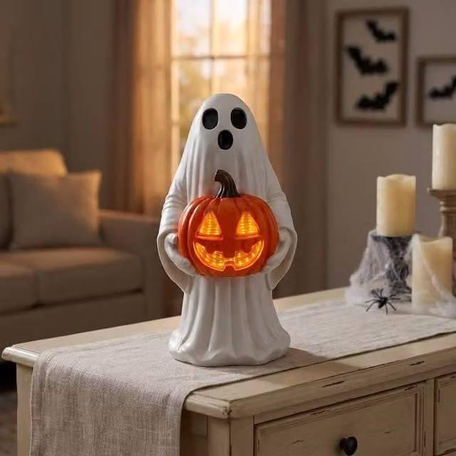 Garden Greatness LED Ghost Pumpkin Halloween Tabletop Ornament in Multicolour Ceramic