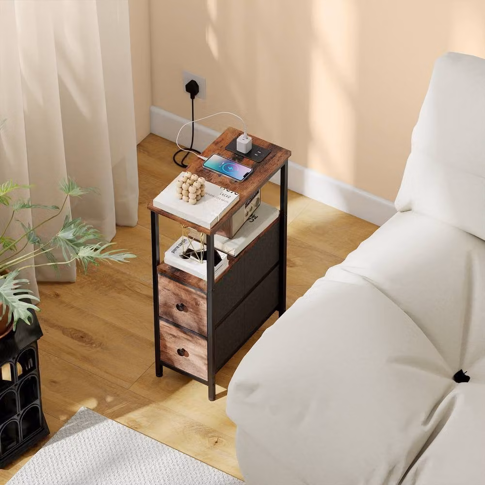 STILVORA Industrial Bedside Table with Charging Station and 2 Drawers in Dark Brown and Black – 3