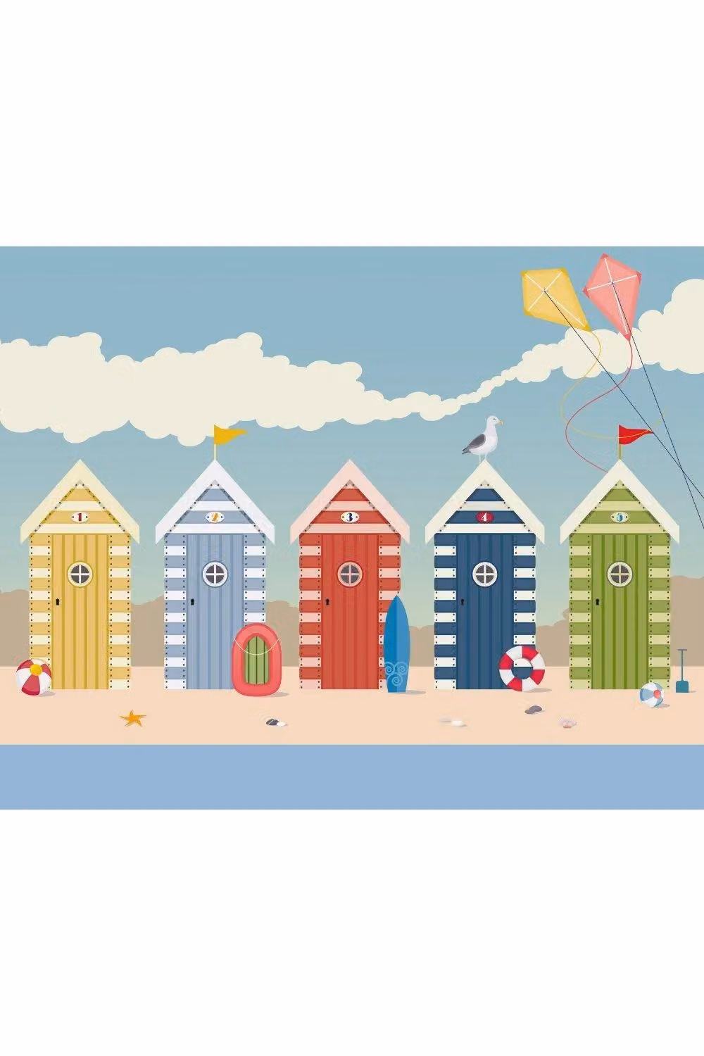 Origin Murals Beach Huts Wall Mural in Blue and Multicolour, W: 350 cm x H: 280 cm – 2